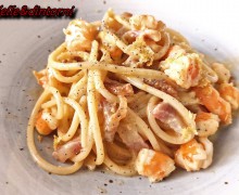 SPAGHETTONI ALLA CARBONARA DI GAMBERONI E ZESTE DI LIMONE